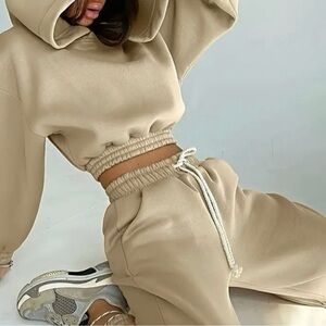 2Pcs Solid tracksuit Sports Set Hooded Sweatshirt Drawstring Jogger Pant Sporty